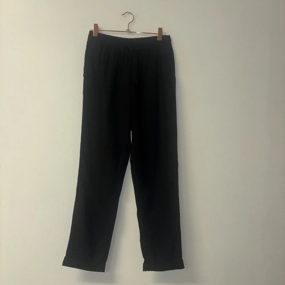 H&M Women's Sz Xs Linen Pants Black Pockets Stretchy Waist Cotton Beachy Natural